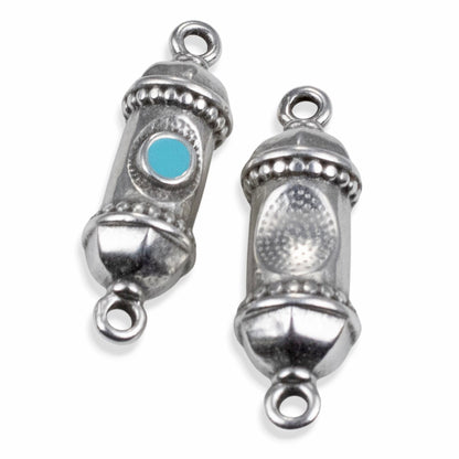Silver Prayer Amulet Pendant 2Pcs, Antique Deco Connector with Aqua Enamel, Spiritual Jewelry Supply