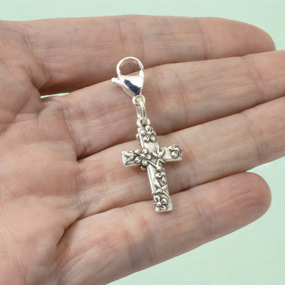 Silver Floral Cross Clip-on Charm, Religious Bag Accessory, Faith Jewelry