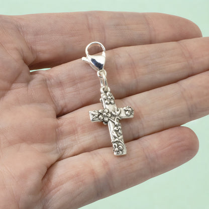 Silver Floral Cross Clip-On Charm: Women Faith Jewelry Confirmation Mother Gift