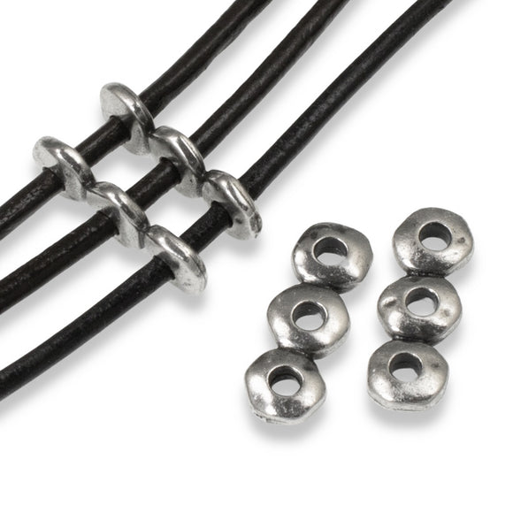 4 Pewter Nugget 3-Hole Spacer Bars, TierraCast 7mm Separator for Leather Cord