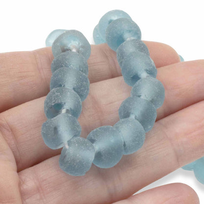 Light Blue Weathered Glass Beads, Recycled Rondelle Strand, Sustainable Jewelry Making, Eco-Friendly Beads