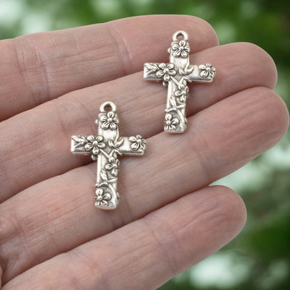 Silver Floral Cross Pendants, Silver-Plated Pewter Charms, DIY Rosary Making, Religious Jewelry Supplies, Bridal Keepsake Components, 2 Pack