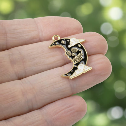 Skull Moon Charms 4-Pack, Gothic Black Gold Enamel Pendants Halloween Jewelry