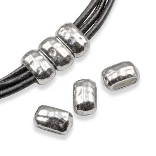White Bronze Barrel Beads: 6-Pack 6x2mm Hole Fits 3 Strands 2mm Leather Cord Metal Crimp