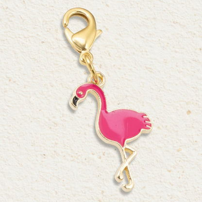 Enamel Pink Flamingo Clip On Charm, Tropical Bird Jewelry Accessory Beach Lover