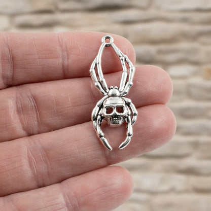 Skull Spider Charms Silver, 5-Pack Halloween Skeleton Pendants, Gothic Jewelry Making