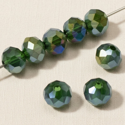 Forest Green Glass Beads - Faceted Rondelle + AB Finish Holiday 50-Pack