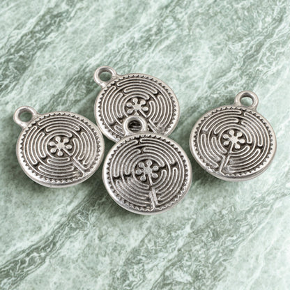 4 Silver Labyrinth Charms, TierraCast Double-Sided Maze for DIY Jewelry