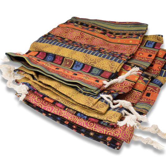 5 Ethnic Earthy Drawstring Pouches, Bohemian Cloth Bags, Reusable 5" x 6 1/2"