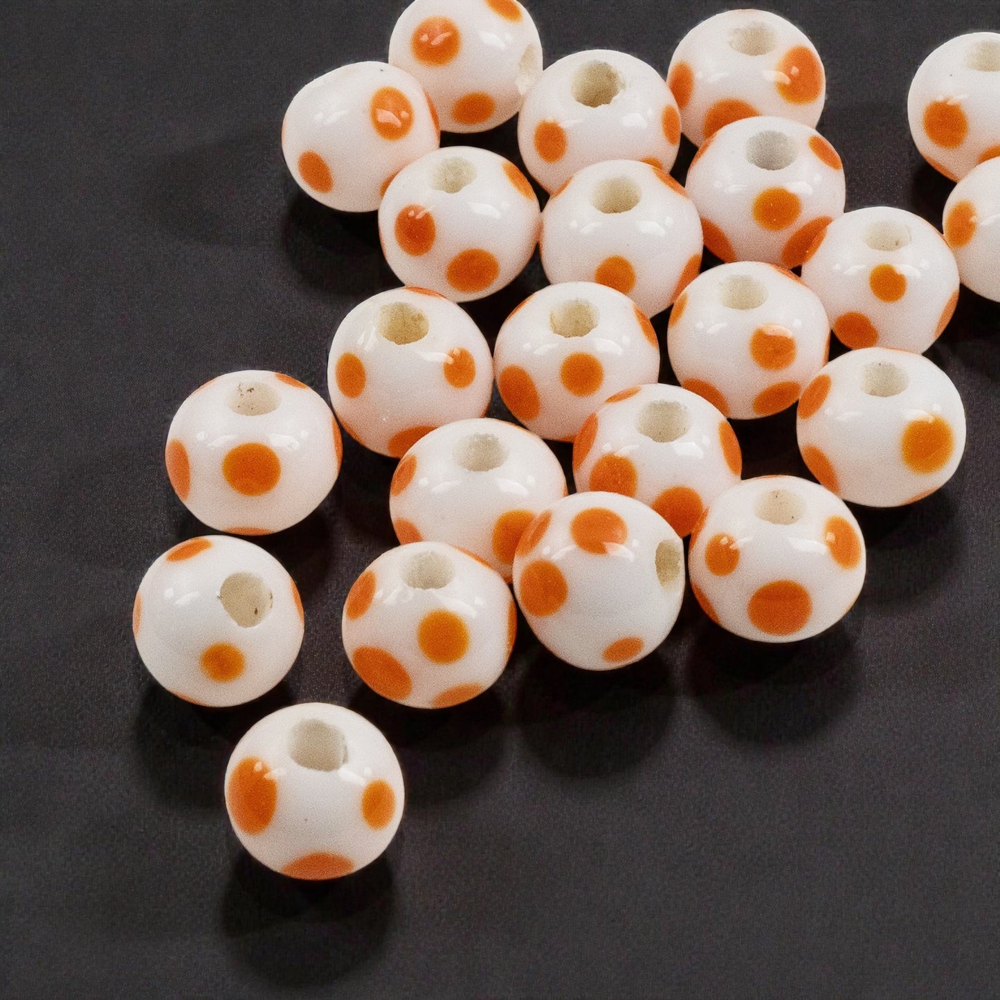 White Orange Polka Dot Beads: Indonesian Lampwork 8mm Round Halloween Fall 50Pcs