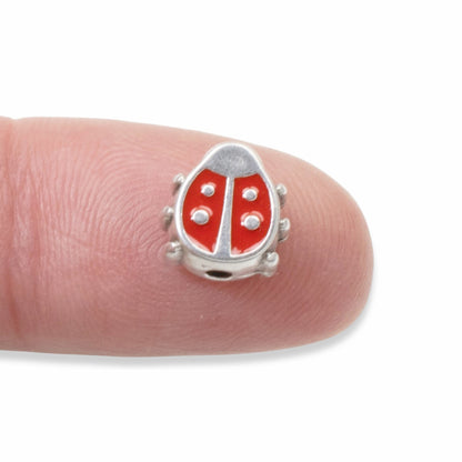 Red Enamel Ladybug Beads, 2Pc Fine Silver Plated, Spring Garden Nature Jewelry
