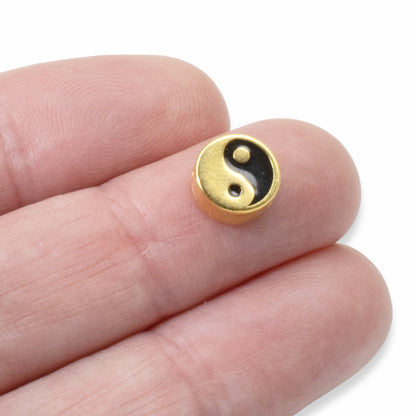 Yin Yang Beads, 2Pc 24k Gold Plated + Black Enamel, Meditation Balance Symbol