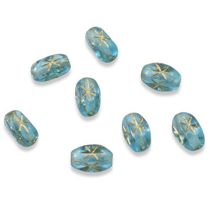 50 Aqua Blue Rice Beads - Etched Gold Star Design - Czech Glass - 6x4mm