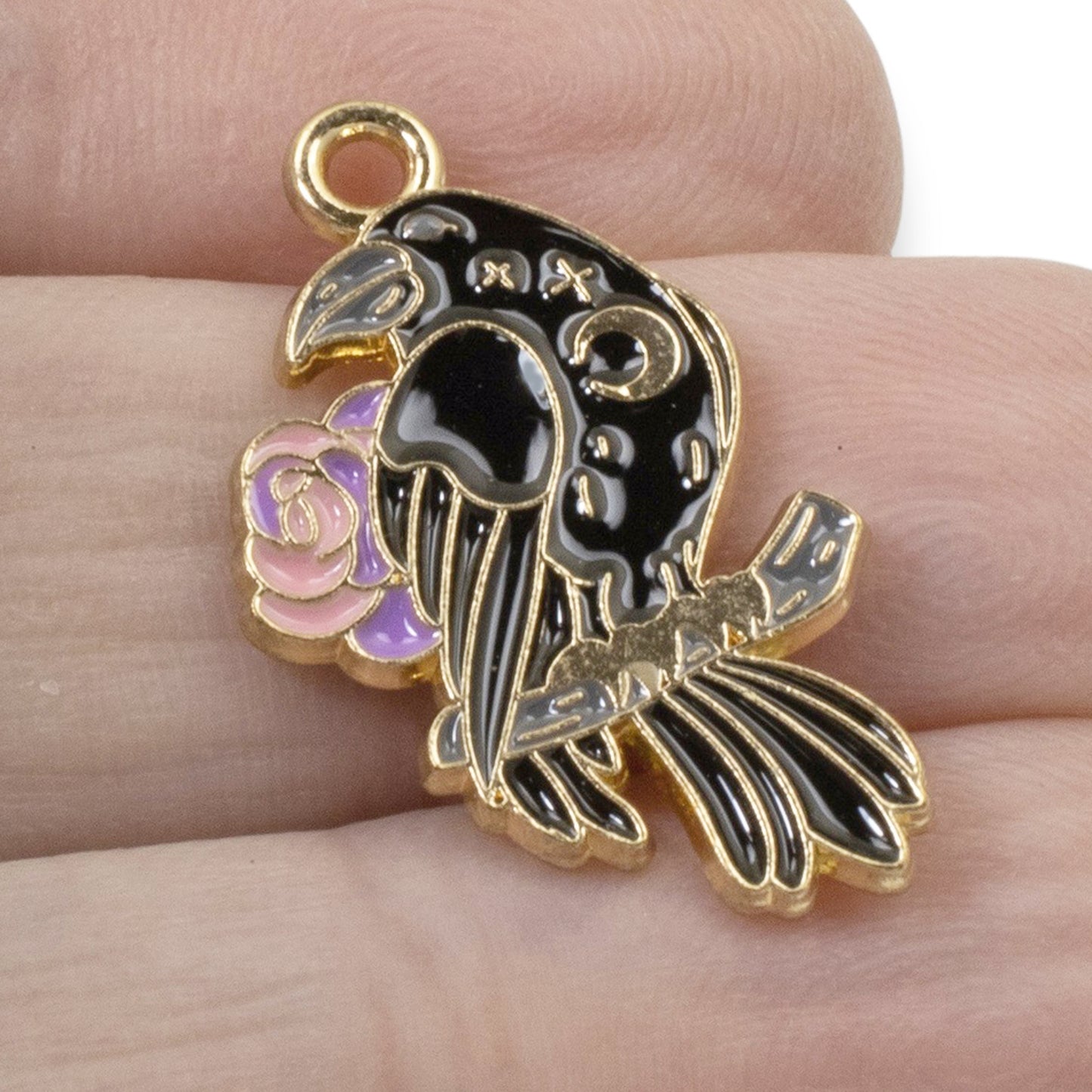 4-Pack Gothic Raven Charms Set, Black & Pink Enamel Pieces for Jewelry Crafting