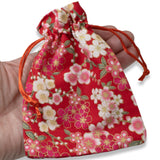 10 Red Floral Fabric Drawstring Bags - Pouches for Jewelry - Party Gift Bags