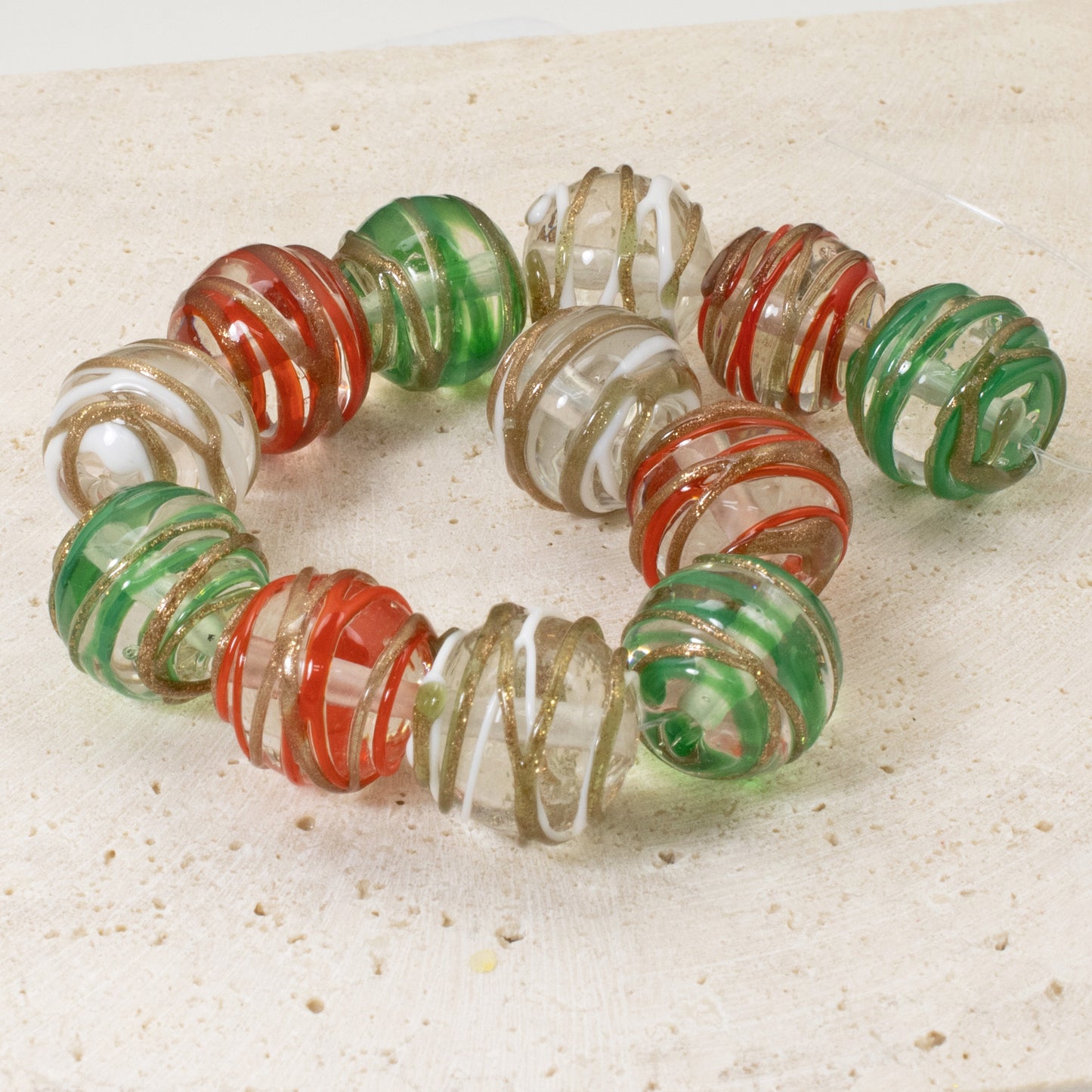 Set of 12 Christmas Lampwork Beads, Red, Green, White Swirl, 12mm Round