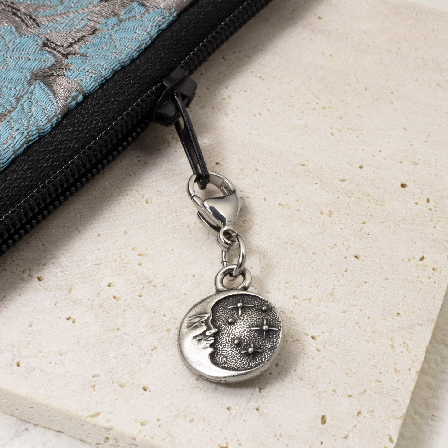 Starry Night Clip on Charm, Silver Moon + Crystal Accent & Lobster Clasp