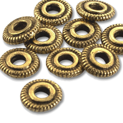 Antique Gold Spacer Beads 6mm: Line Edge Large Hole Pewter 10-Pack USA