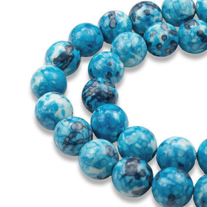 Aqua Blue Round Gemstone Beads: 10mm Natural Stone for Jewelry Making, Watercolor Pattern