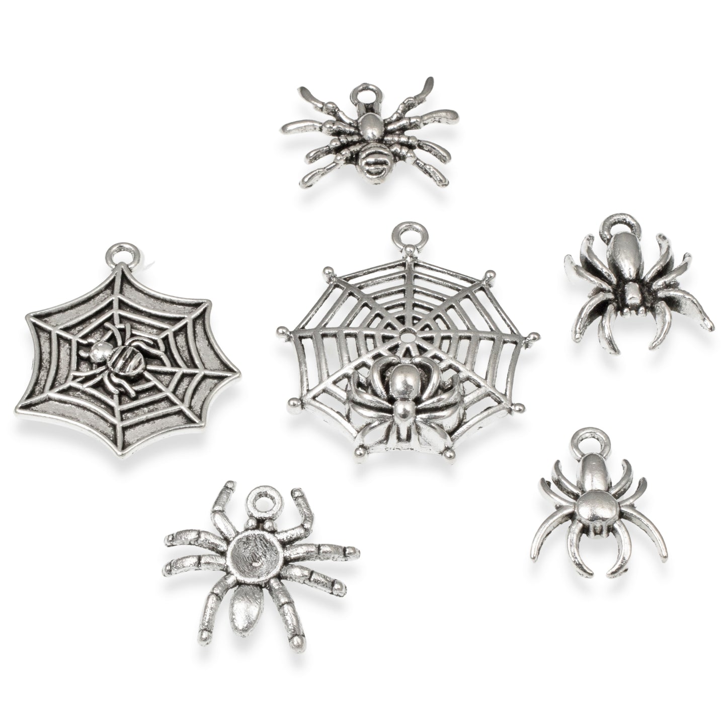 6Pc Creepy Spider Charm Set - Silver Spider & Web Pendants - Halloween Jewelry Supplies