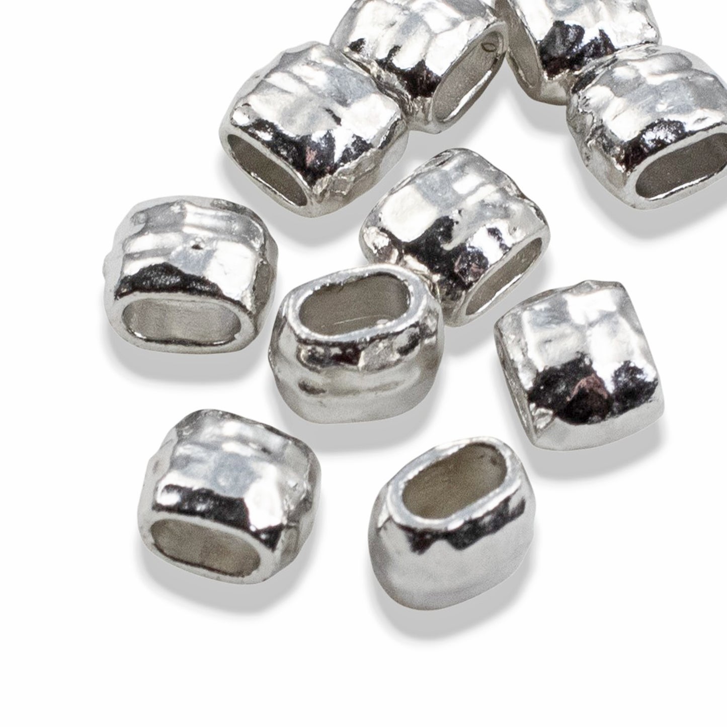 White Bronze Hammered Barrel Crimp Beads: Large Hole Leather Cord Spacers 10-Pack