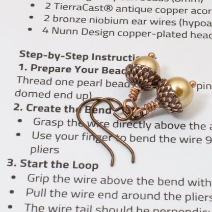 Gold Acorn DIY Earring Kit, Autumn Jewelry-Making, Hypoallergenic Niobium Hooks