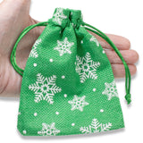5 Green + White Snowflake Fabric Drawstring Bags, Christmas Cloth Pouches