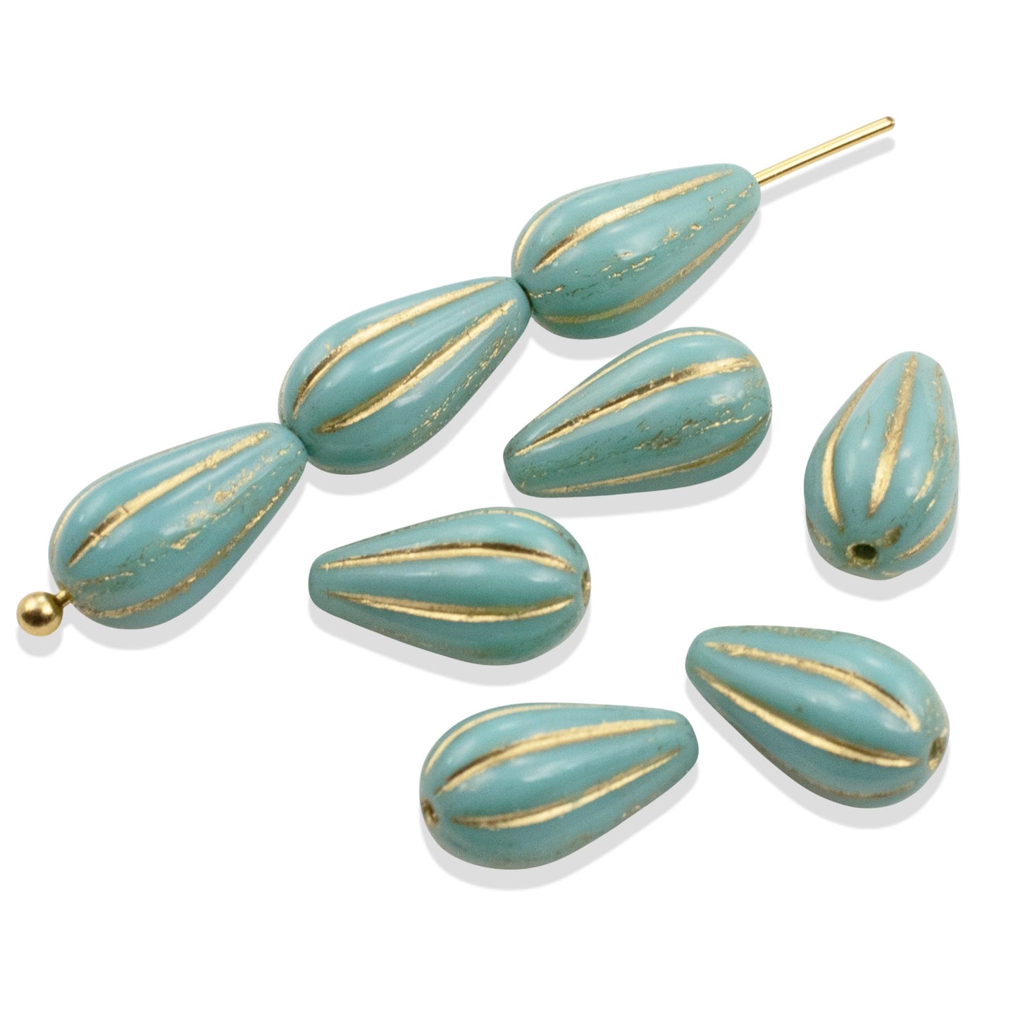 Turquoise Teardrop Beads Gold Wash: 8-Pack Czech Glass Raven's Journey 13x8mm