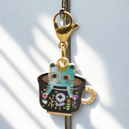 Whimsical Gold-Plated Enamel Cat in Teacup Charm - Clip-on Handbag Accessory
