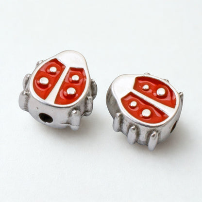 Red Enamel Ladybug Beads, 2Pc Fine Silver Plated, Spring Garden Nature Jewelry