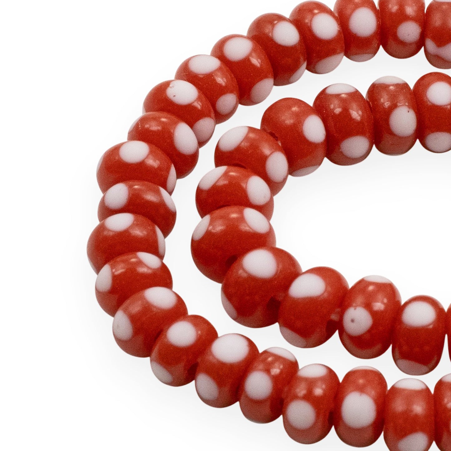Red with White Dots Rondelle Lampwork Glass Beads, Handmade Indonesian, 8mm 17" Strand