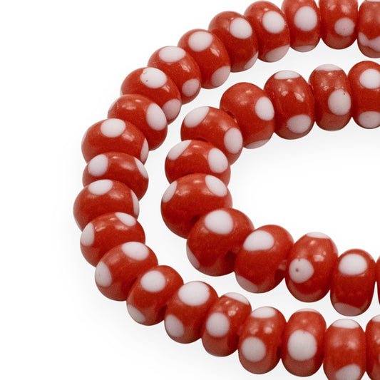 Red with White Dots Rondelle Lampwork Glass Beads, Handmade Indonesian, 8mm 17" Strand