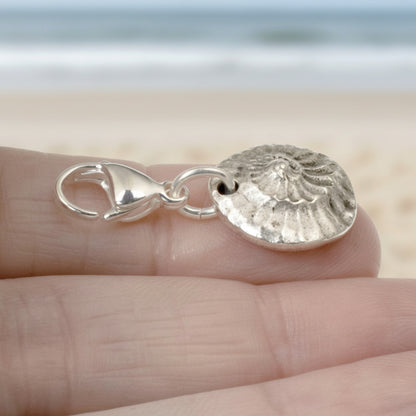 Silver Spiral Shell Clip-On Charm, Fine Silver Plated Pewter, Lobster Clasp