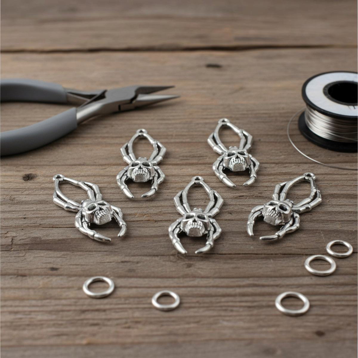 Skull Spider Charms Silver, 5-Pack Halloween Skeleton Pendants, Gothic Jewelry Making