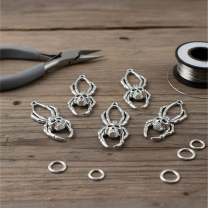 Skull Spider Charms Silver, 5-Pack Halloween Skeleton Pendants, Gothic Jewelry Making