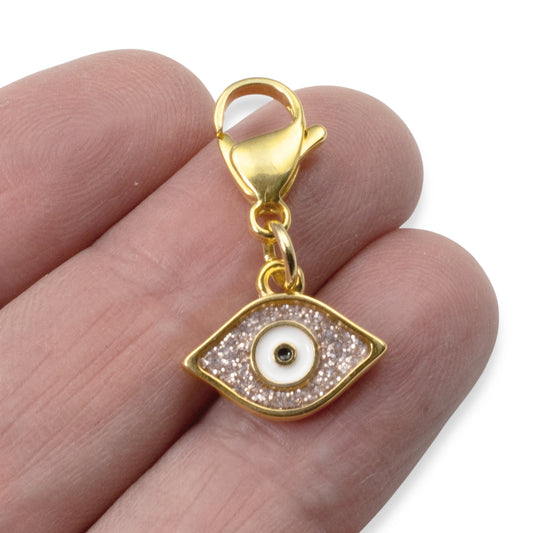 Gold Evil Eye Charm: 24K Gold Plated Pink Glitter Enamel Clip On Lobster Clasp Protection Symbol 1-1/8 Inch