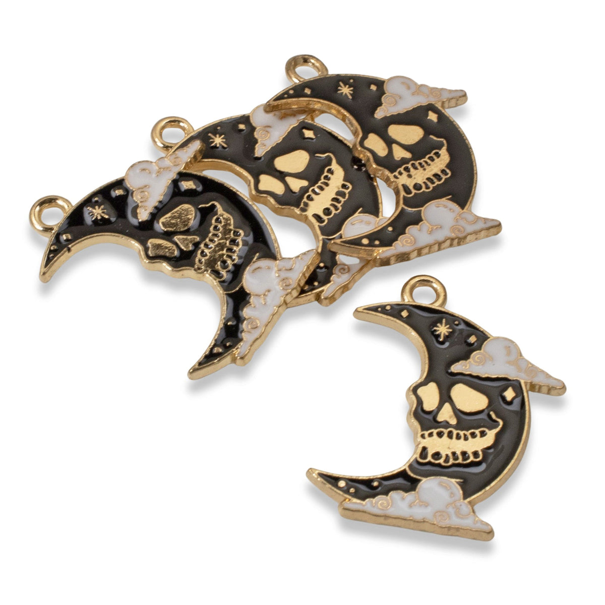 Skull Moon Charms 4-Pack, Gothic Black Gold Enamel Pendants Halloween Jewelry