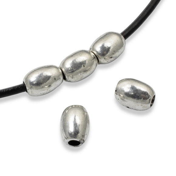 5 Silver Mini Oval Tube Beads - 6x8mm + Large Hole for Leather - Nunn Design