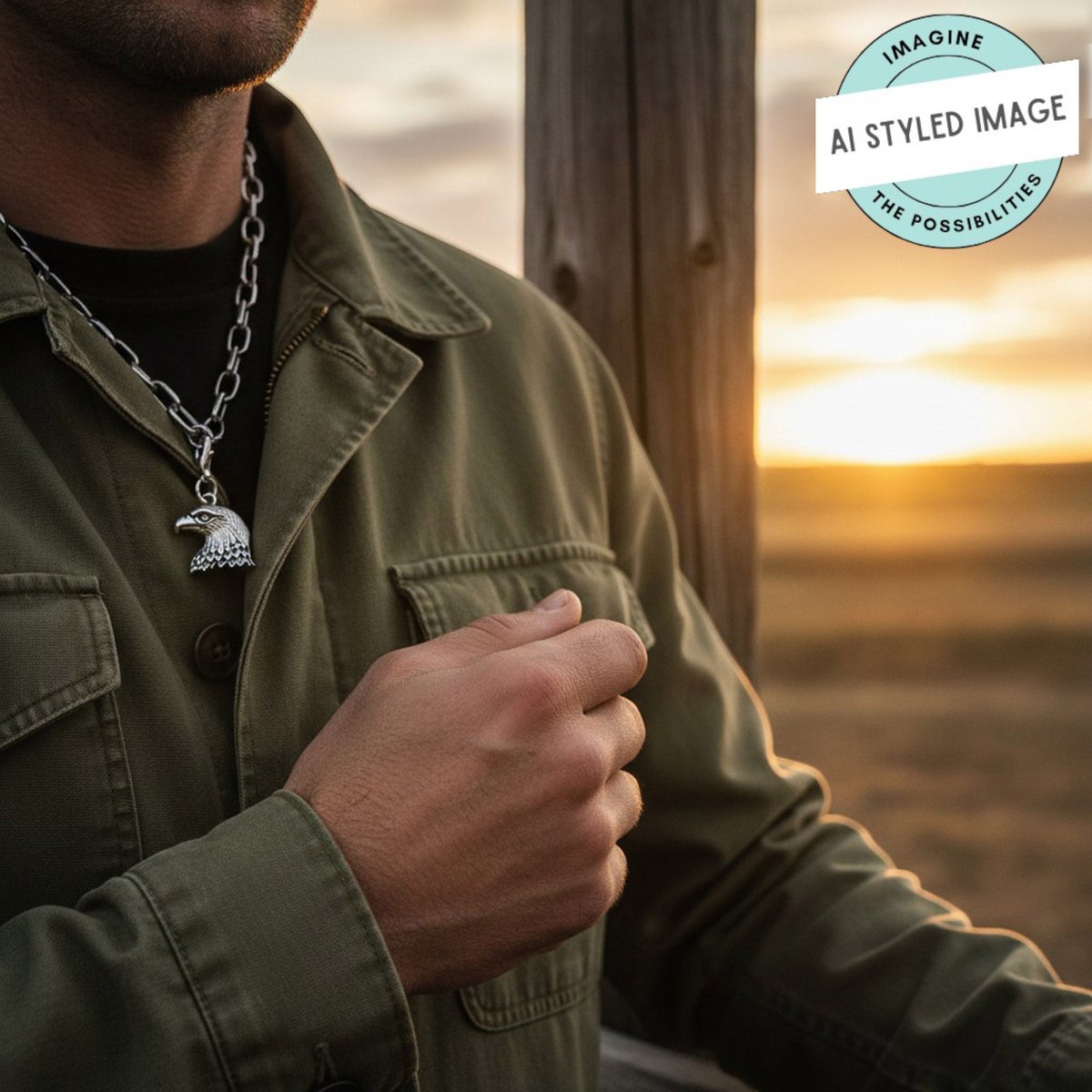 Hackberry Creek silver bald eagle head charm worn as a necklace pendant by a man in an olive green jacket at sunset