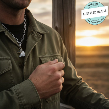 Hackberry Creek silver bald eagle head charm worn as a necklace pendant by a man in an olive green jacket at sunset