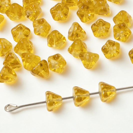 100Pcs Golden Yellow Mini Bell Flower Beads, Czech Glass Small Spring Flowers