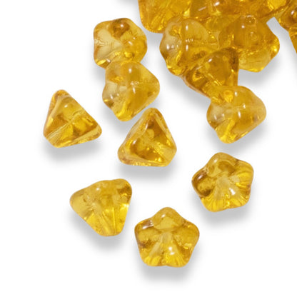 100Pcs Golden Yellow Mini Bell Flower Beads, Czech Glass Small Spring Flowers