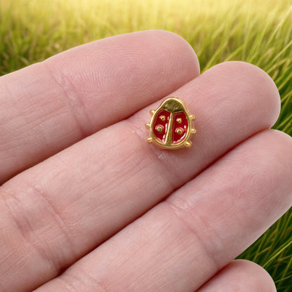 Red Enamel Ladybug Beads, 2Pc 24k Gold Plated, Spring Garden Nature Jewelry