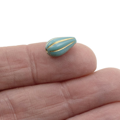 Turquoise Teardrop Beads Gold Wash: 8-Pack Czech Glass Raven's Journey 13x8mm