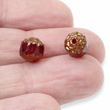 12 Faceted 8mm Crown Cathedral Beads - Garnet Red + Bronze Ends - Czech Glass