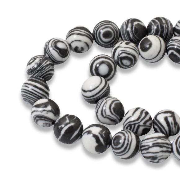 Black & White Striped Malachite Beads - 8mm Round Composite Stone - Full Strand