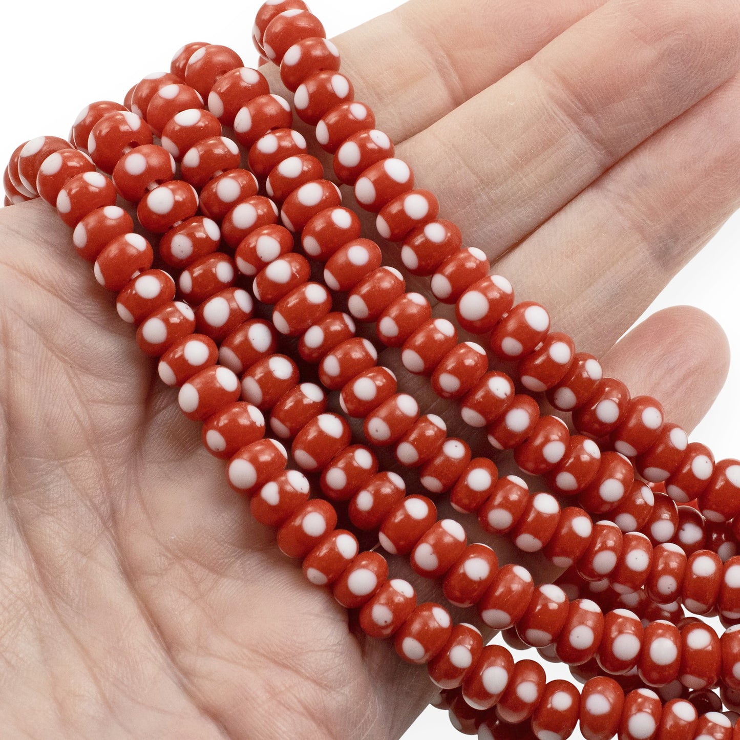 Red with White Dots Rondelle Lampwork Glass Beads, Handmade Indonesian, 8mm 17" Strand