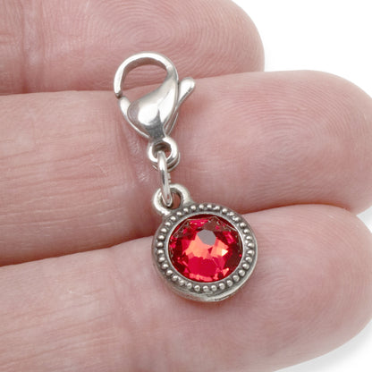 July Birthstone Clip-On Charm, Light Siam Red Crystal with Clip-On Design and Lobster Clasp, Unique Present for Birthday, Small Gift Idea