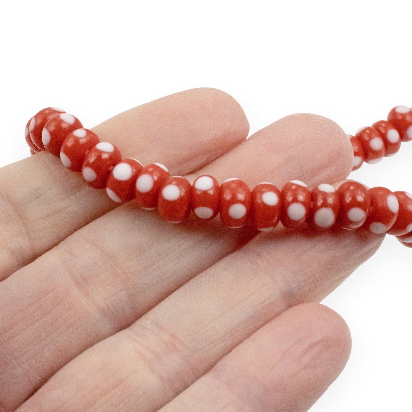 Red with White Dots Rondelle Lampwork Glass Beads, Handmade Indonesian, 8mm 17" Strand