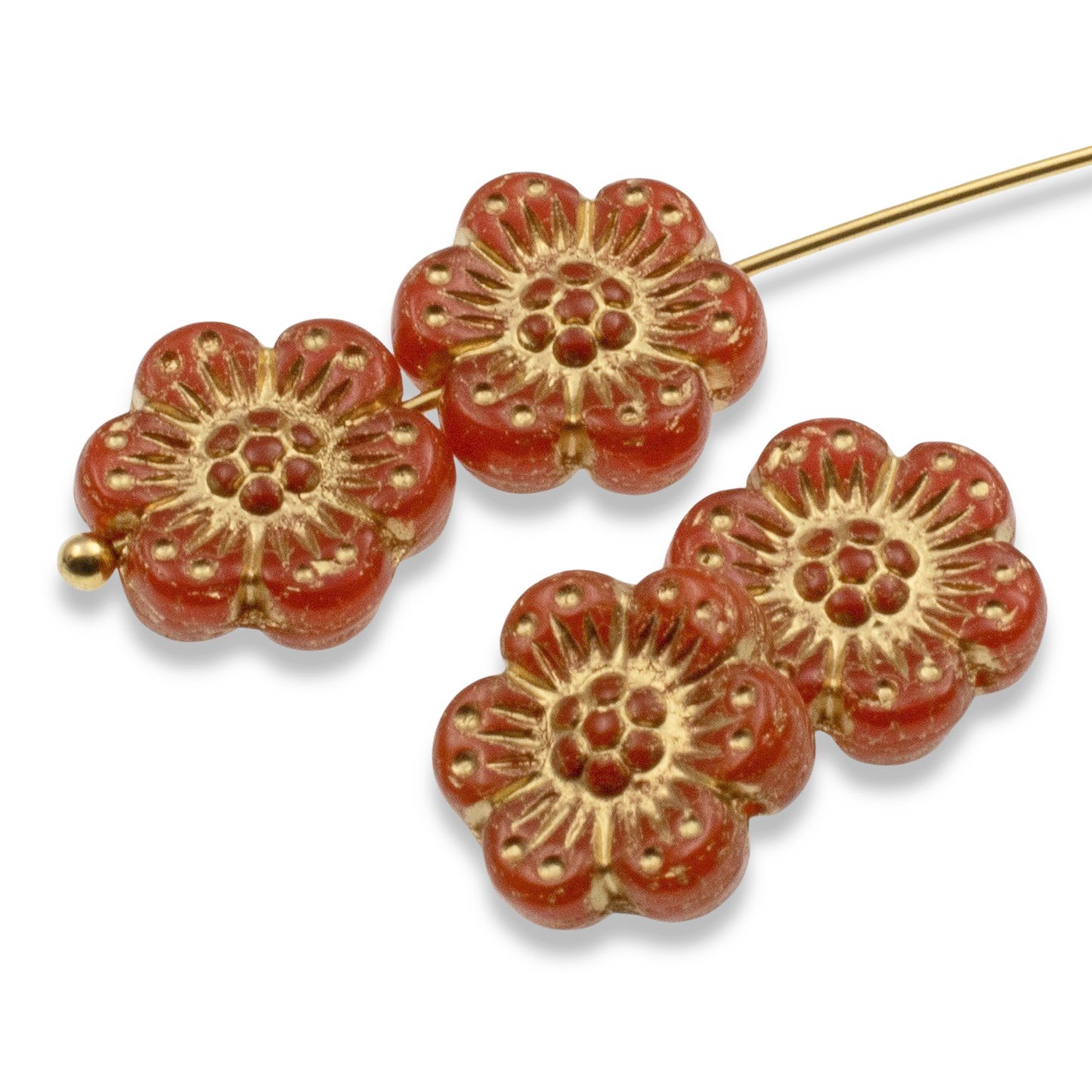 Wild Rose Czech Glass Beads, 8-Pack Burnt Orange Opaline Gold Wash, Flower Beads